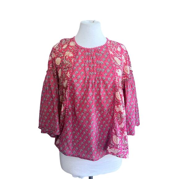 Rachel Zoe Tops - Rachel Zoe 100% Cotton Pink Floral Bell Sleeve Peasant‎ Blouse Top Women's L